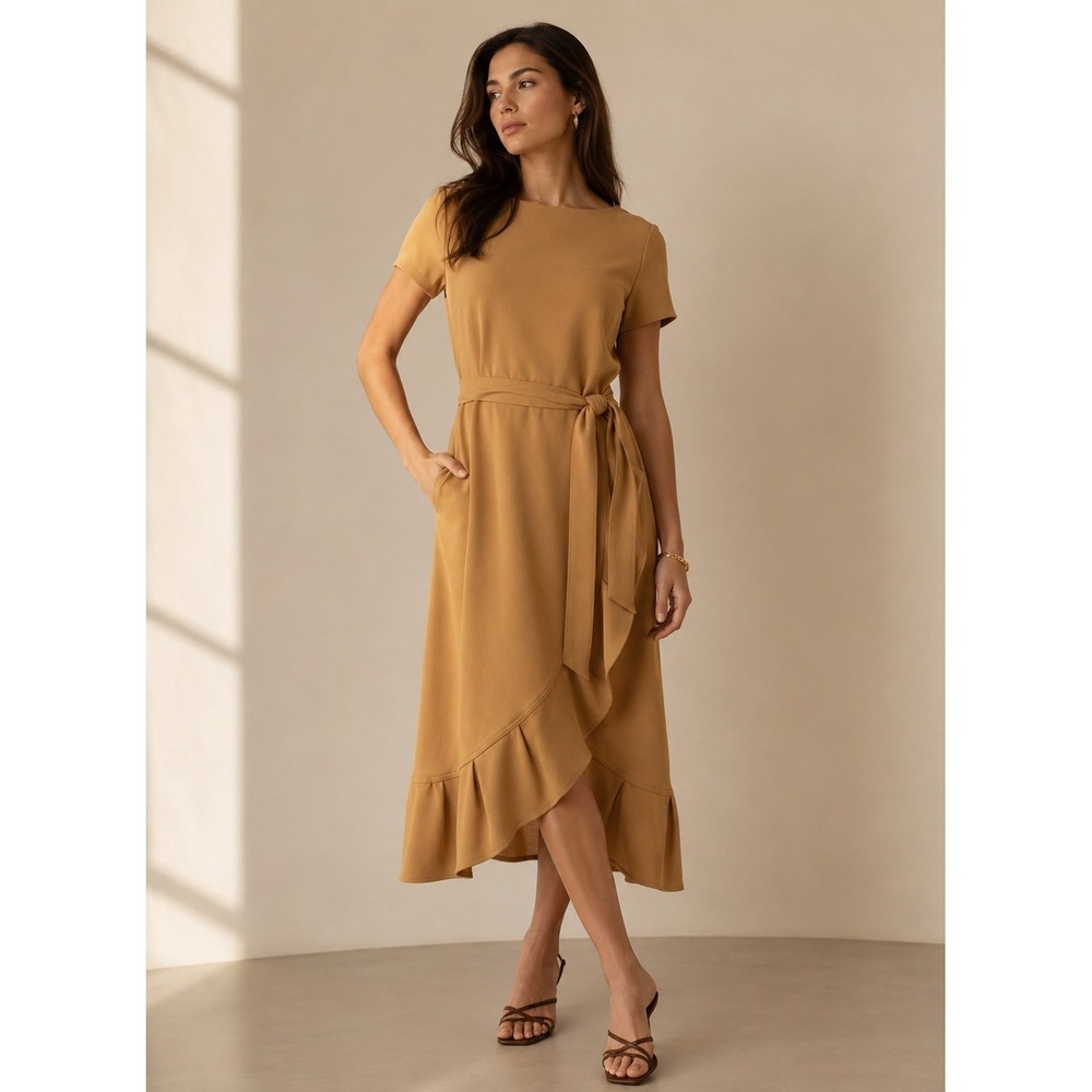 Calvin Klein Faux Wrap Dress 10 Tan Ruffle Hem Crepe Short Sleeve Minimalist